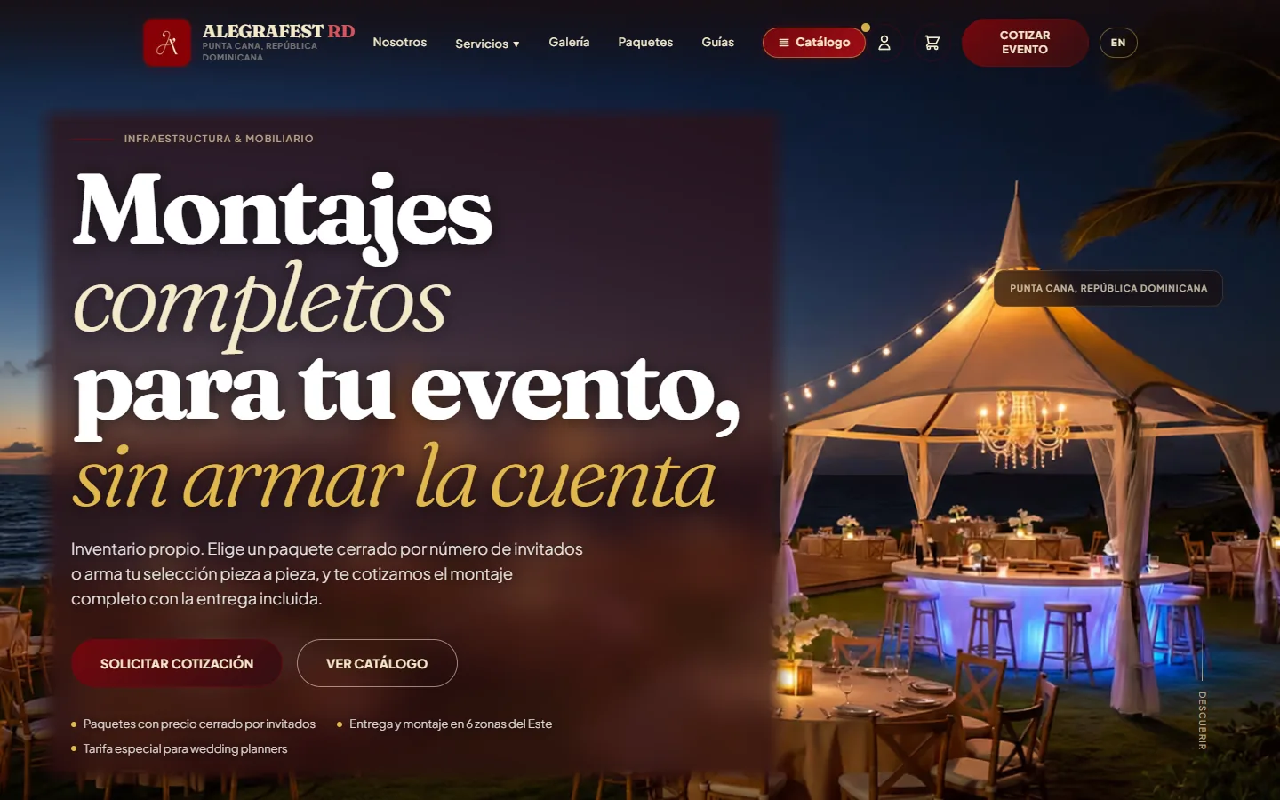 Portada de alegrafestrd.com en una computadora: un montaje para eventos frente al mar en Punta Cana